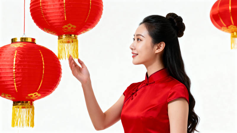 红衣女子挂灯笼图片