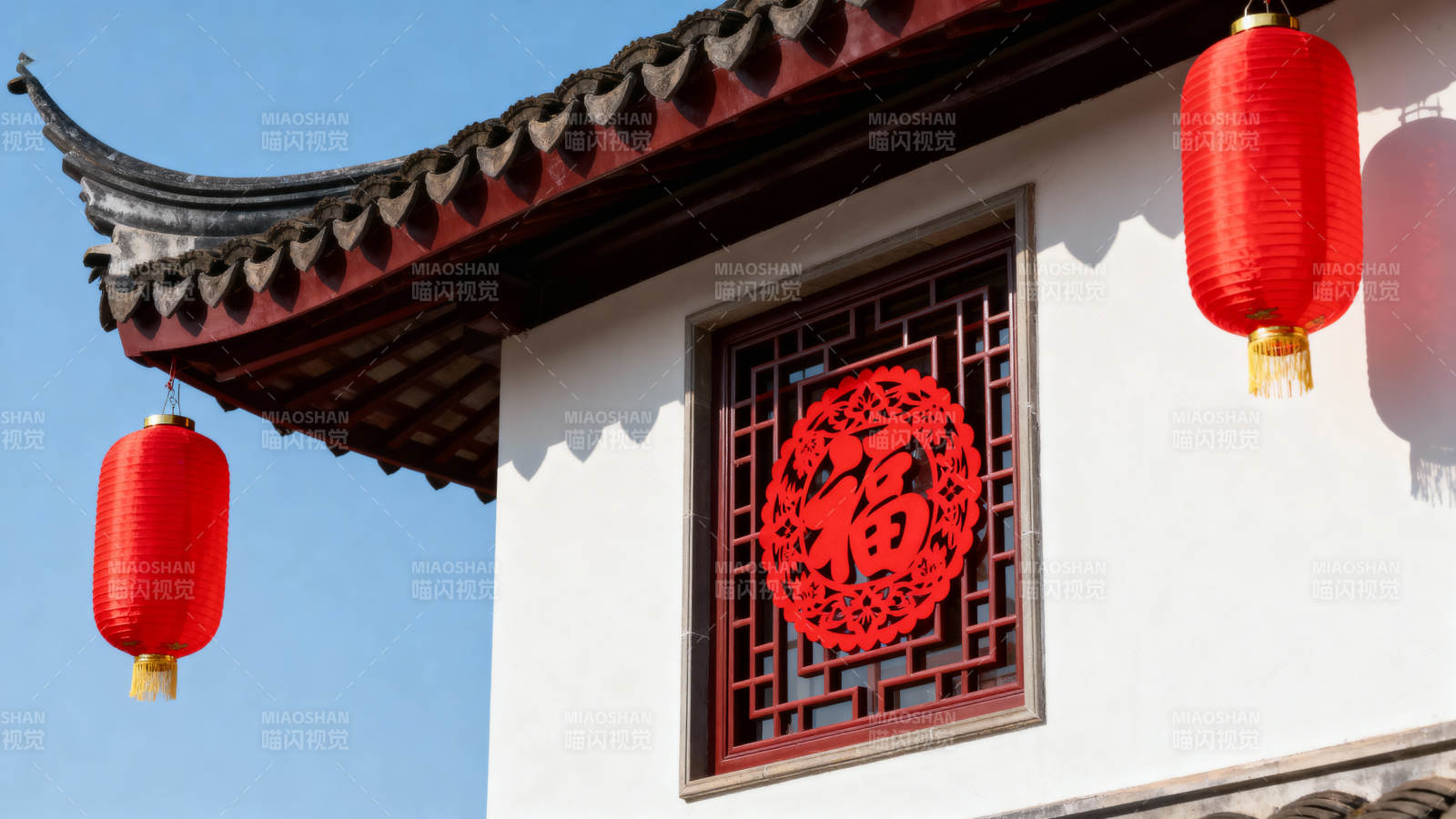 福字窗花红灯笼图片