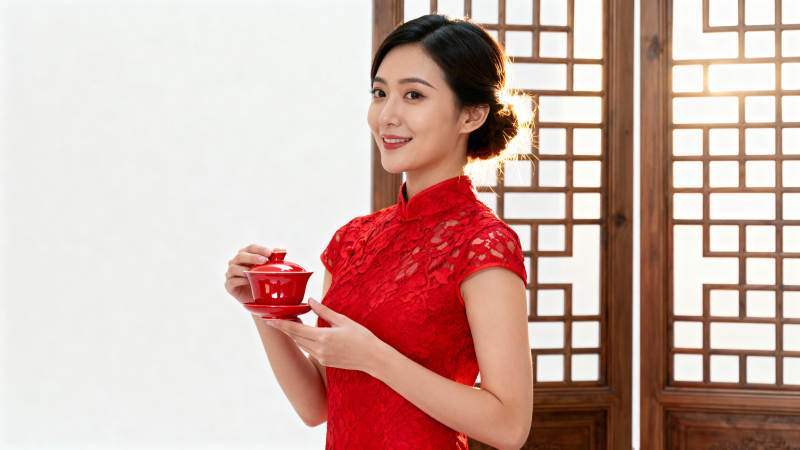 红衣女子品茶图片