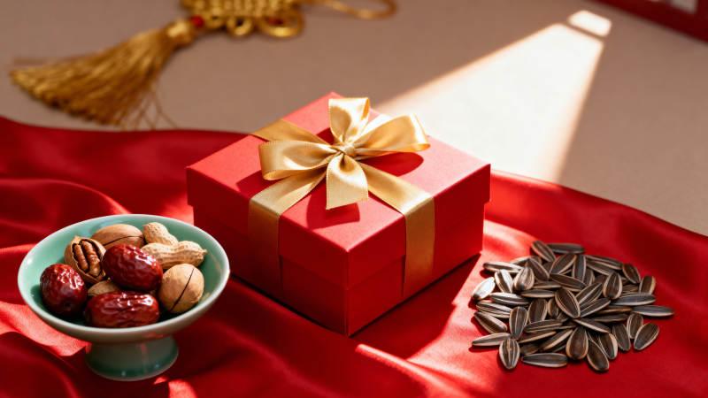 红礼盒与坚果静物图片
