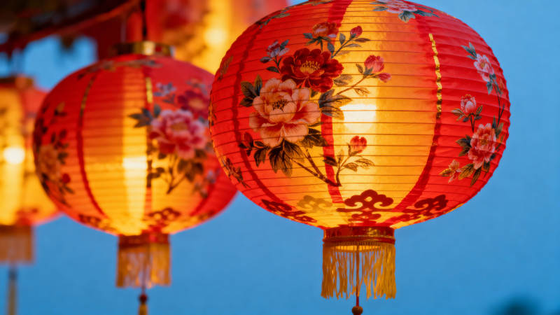 红灯笼映夜色图片