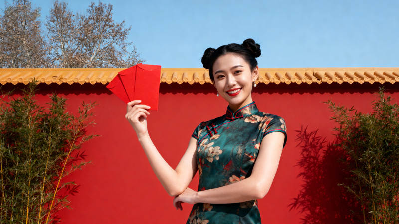 红墙前的旗袍女子图片