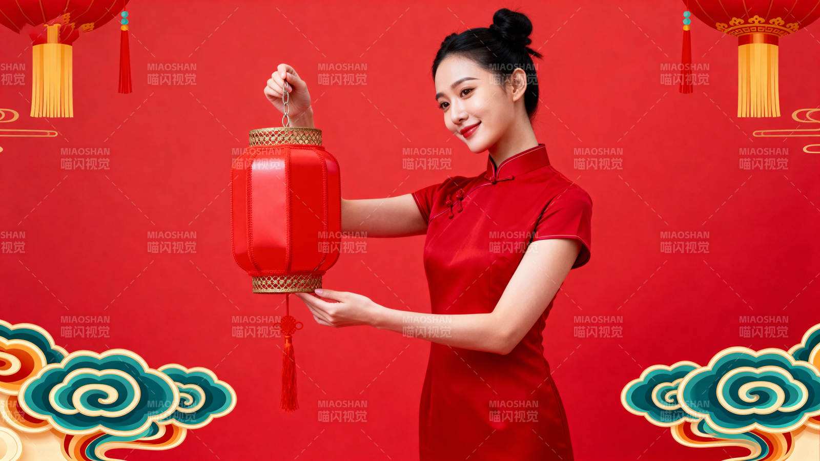 红衣女子提灯笼图片