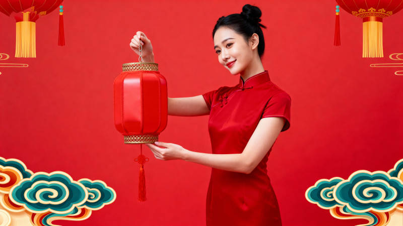 红衣女子提灯笼图片