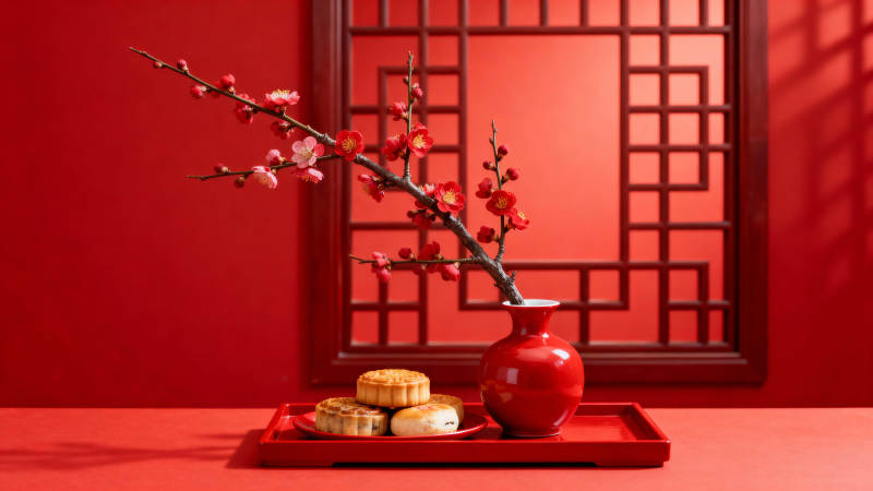 红梅映春 茶点相伴图片