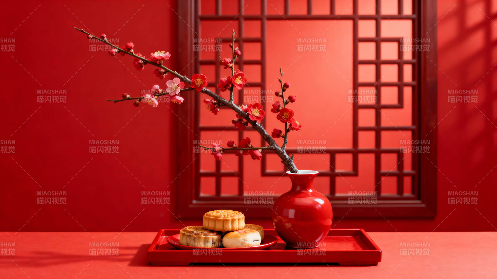 红梅映春 茶点相伴图片