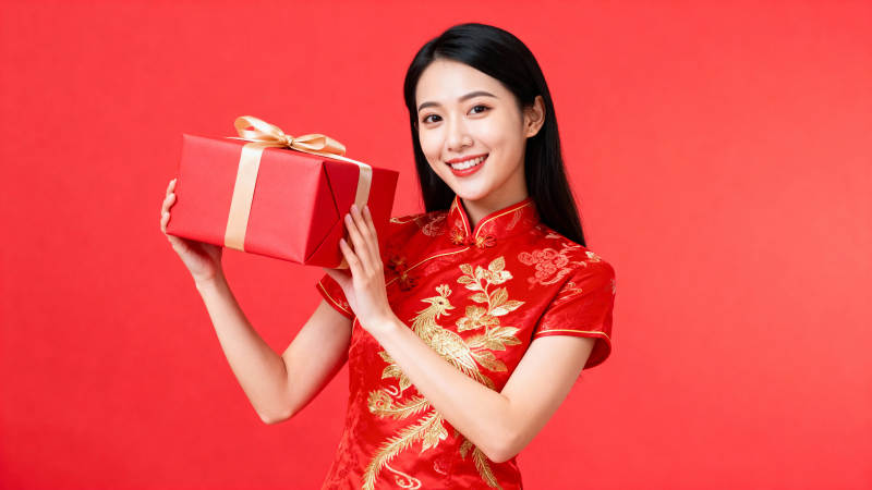 红衣女子手捧礼盒图片