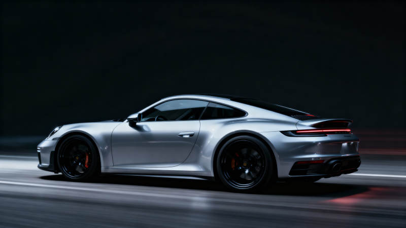 银色跑车疾驰夜路图片