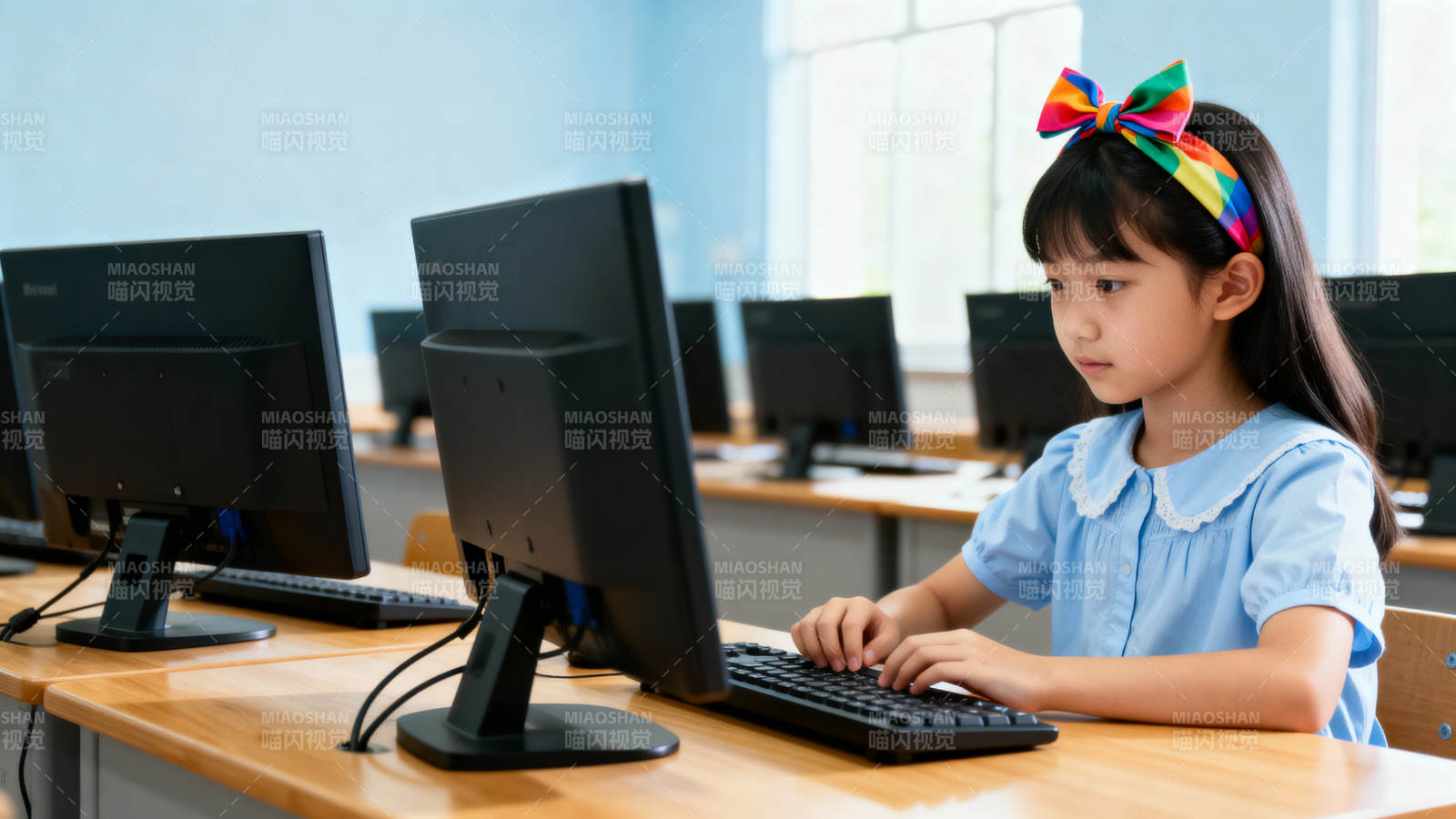 小女孩专注电脑学习图片