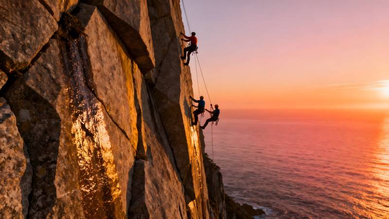 悬崖攀岩日落美景图片