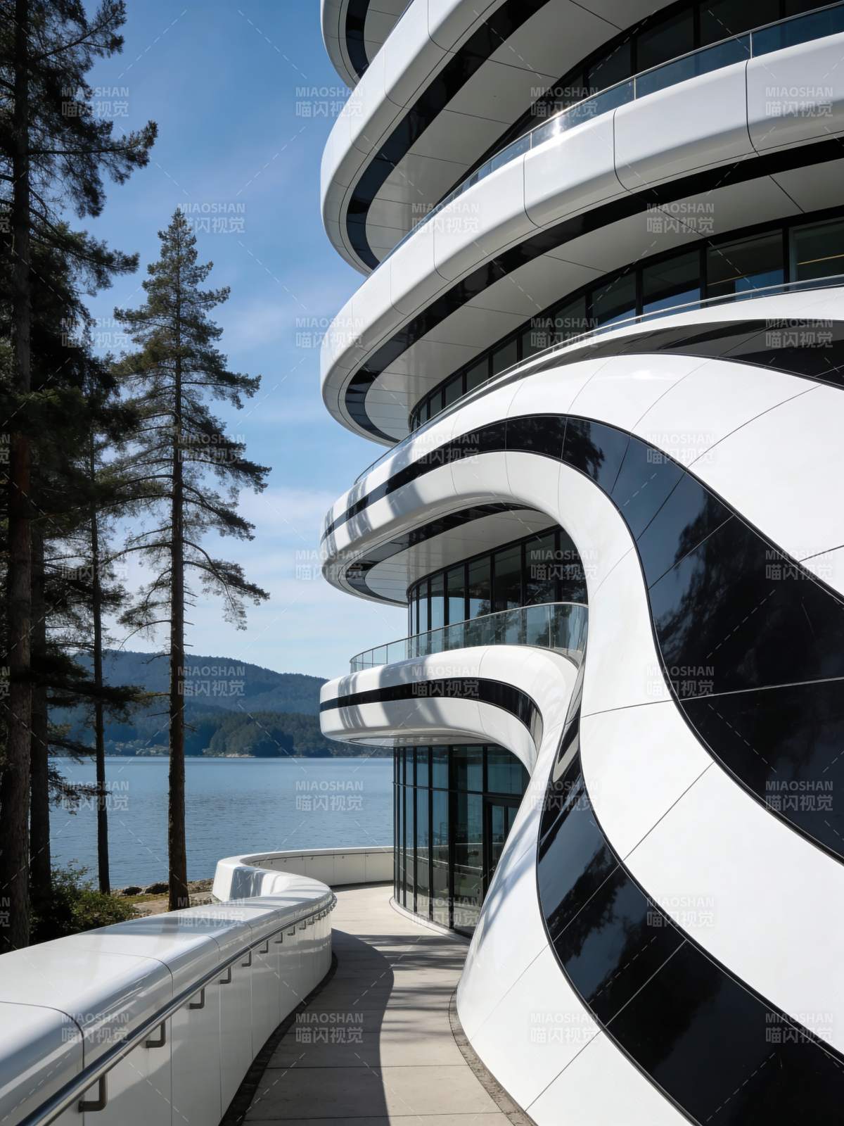 流线建筑临湖景图片