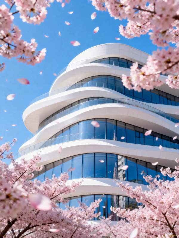 樱花映衬现代建筑图片