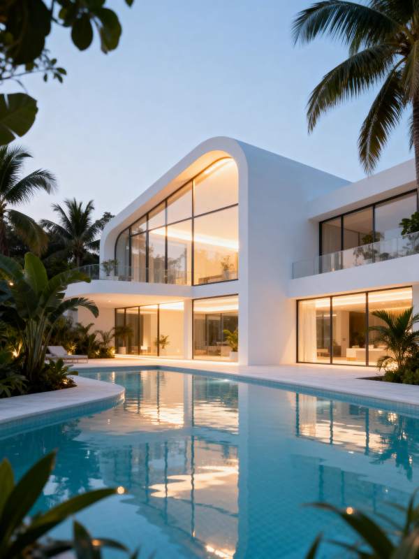 现代泳池别墅夜景图片