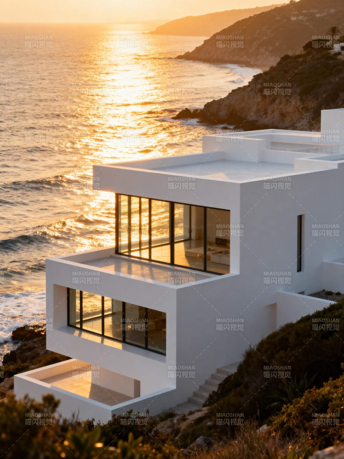 海边现代别墅日落图片