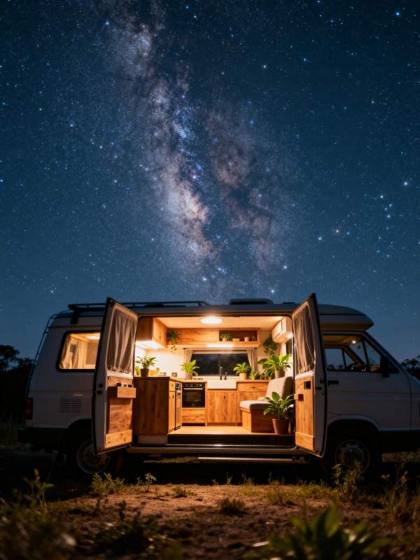 星空下的房车夜景图片