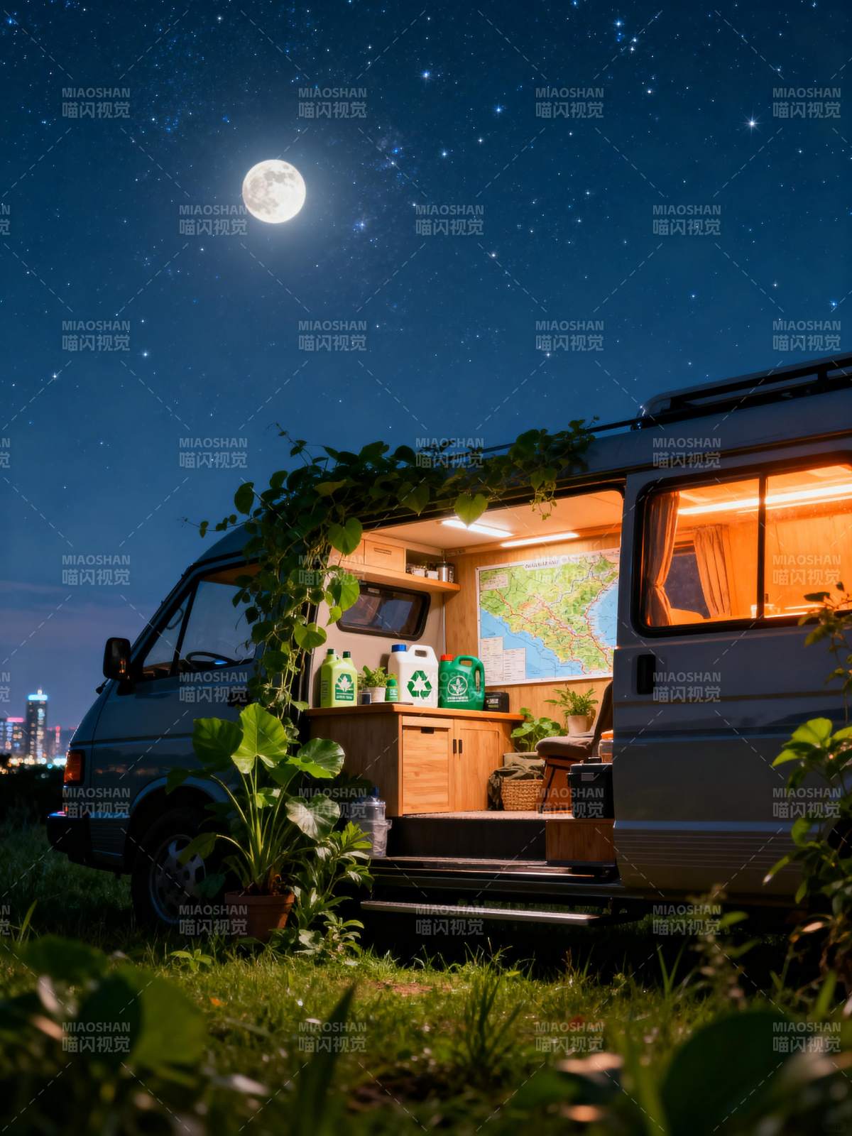 月夜露营车图片
