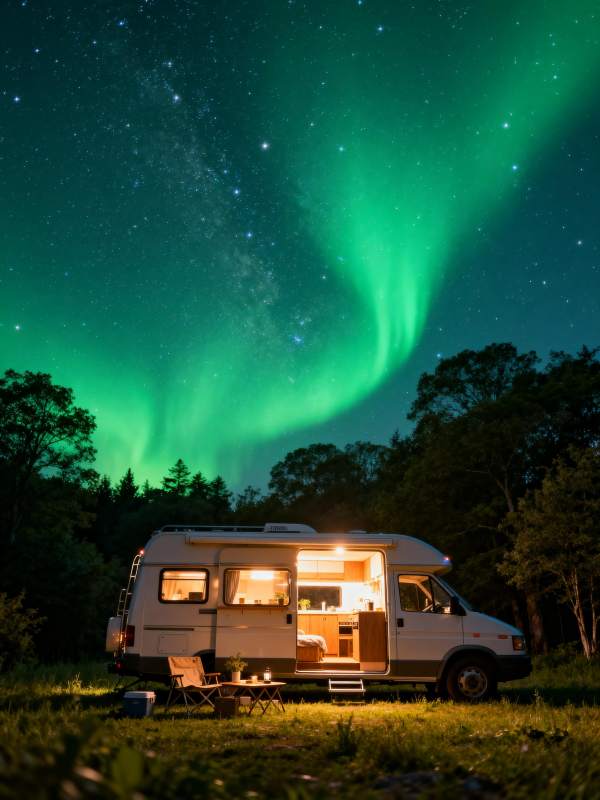 极光下的露营车图片