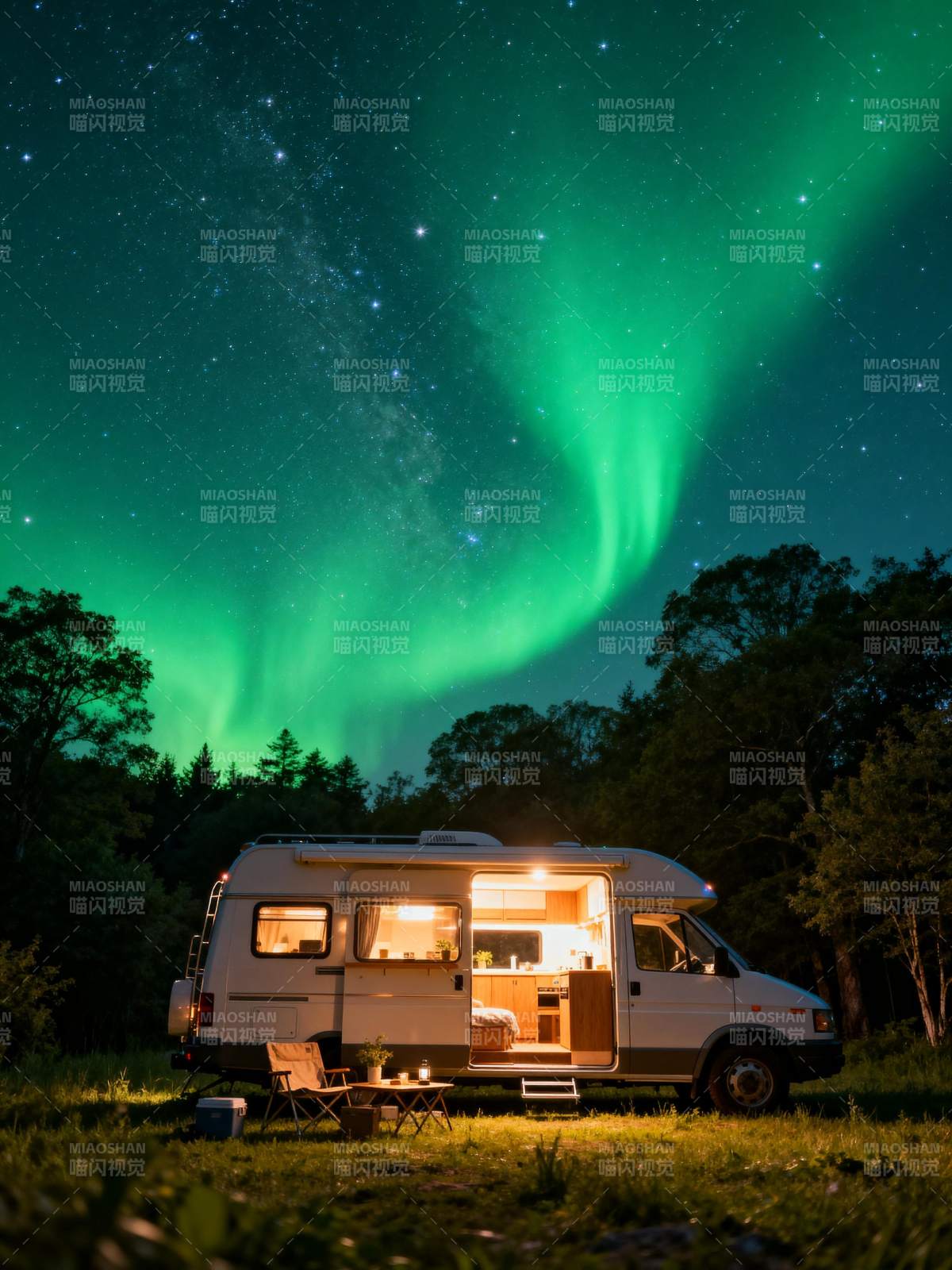 极光下的露营车图片