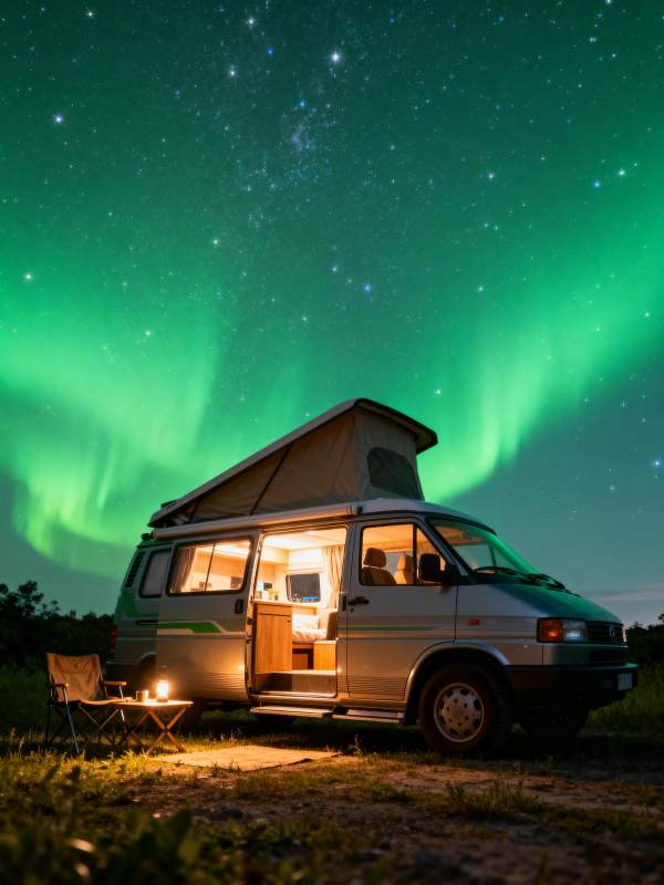 极光下的露营车图片