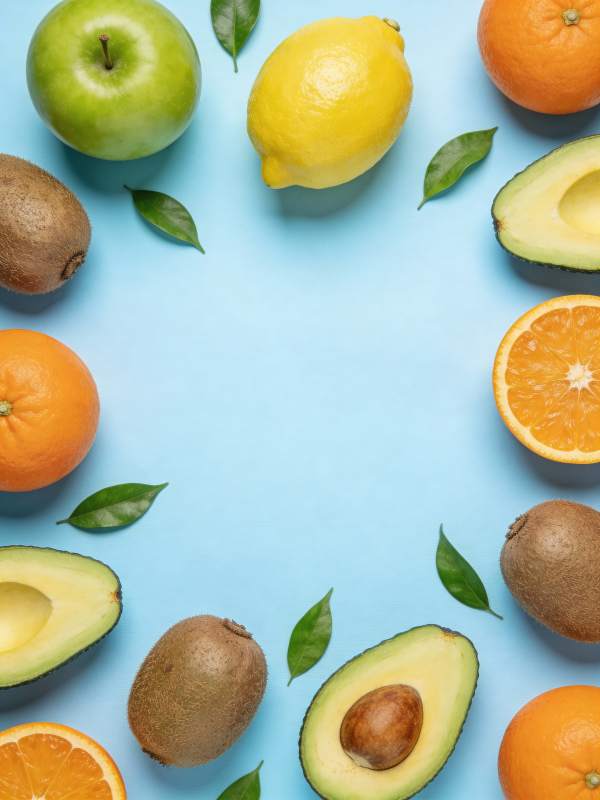 水果环绕蓝底图片