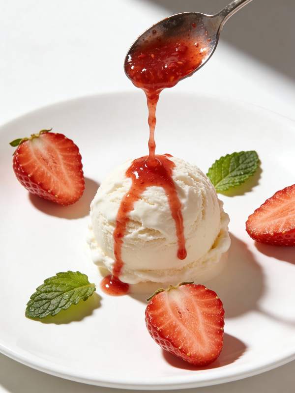 草莓酱淋冰激凌图片