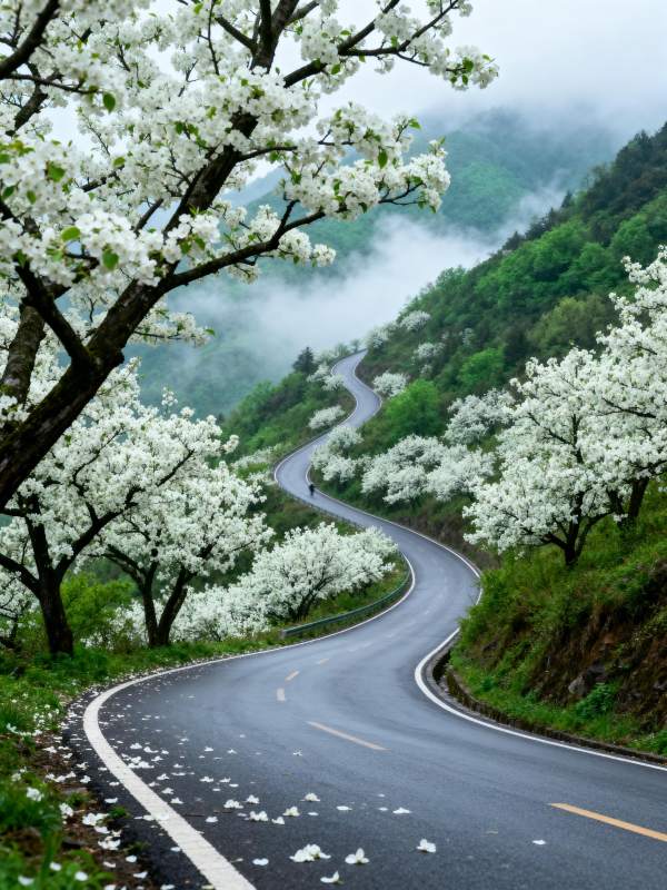 樱花路 云雾绕山图片