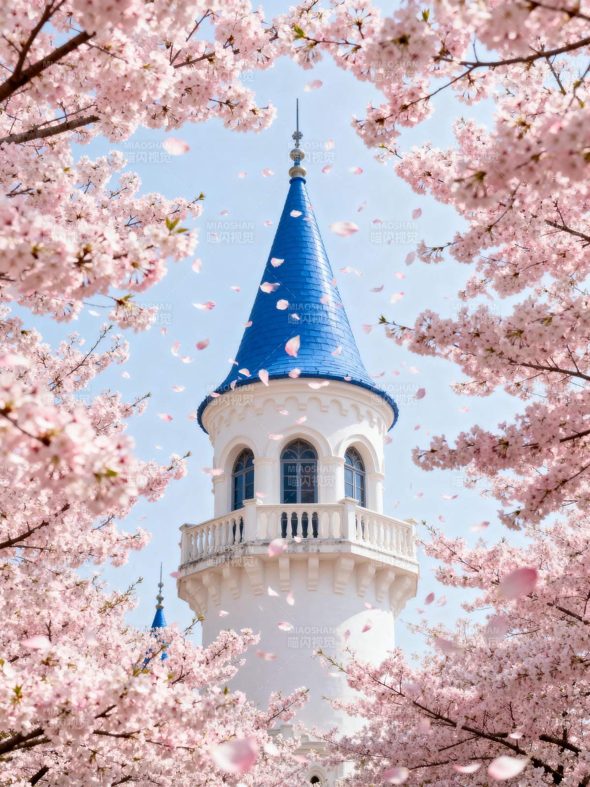 樱花映塔 春意盎然图片