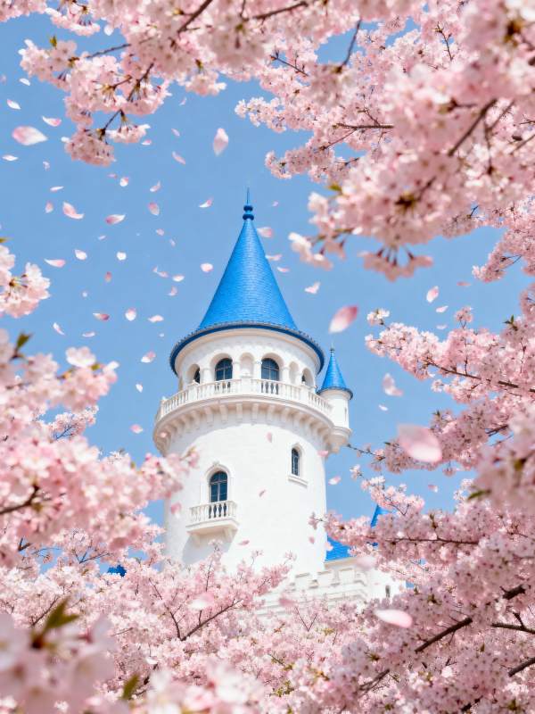 樱花映衬童话塔图片