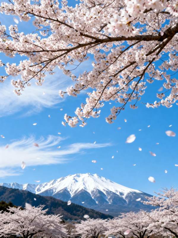 樱花飘雪映富士图片