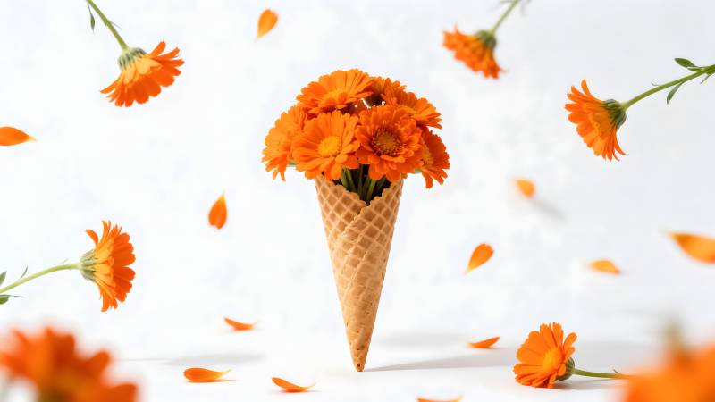 花在冰淇淋锥中图片