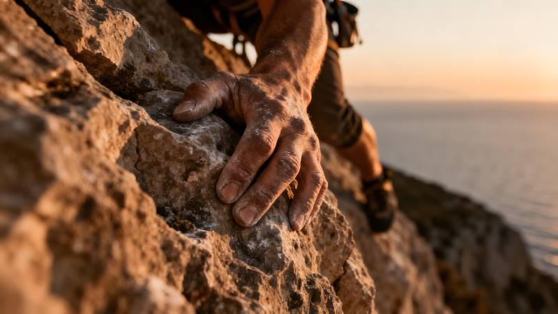 攀岩者紧握岩壁图片