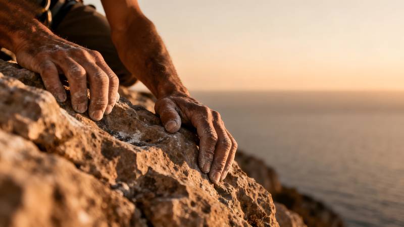 攀岩者的手紧握岩石图片