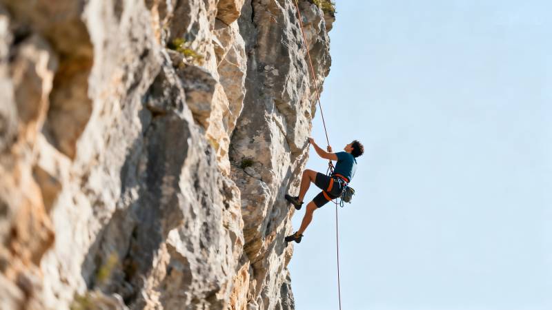 攀岩者挑战陡峭岩壁图片