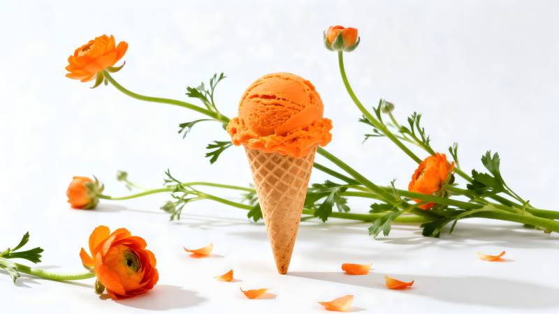 橙色冰淇淋与花图片
