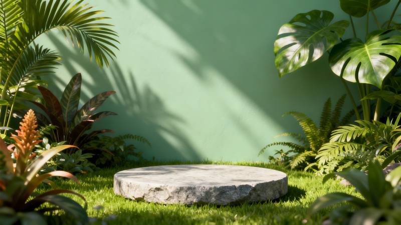 绿意盎然的庭院石台图片