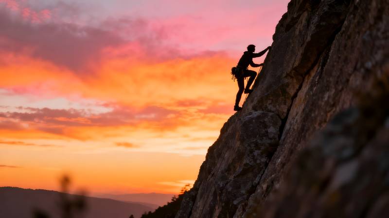 日落攀岩剪影图片