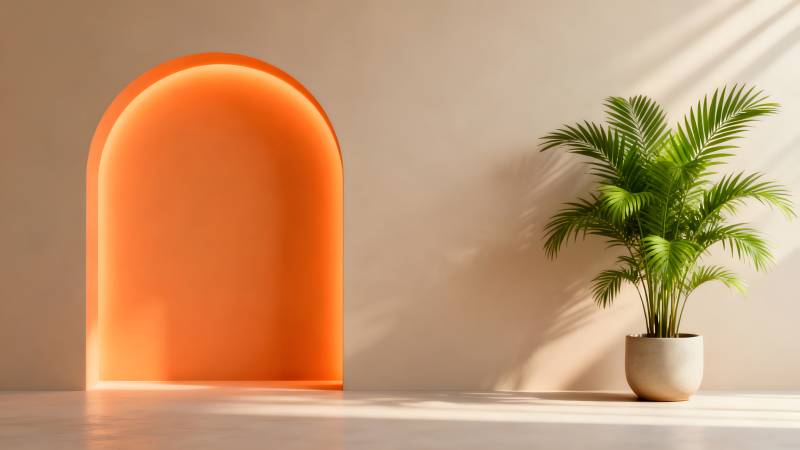 橙光拱门绿植静景图片