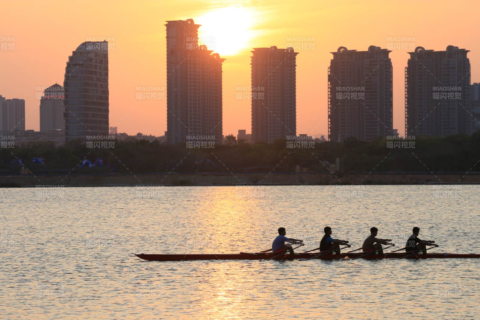 厦门夕阳下的城市划艇图片