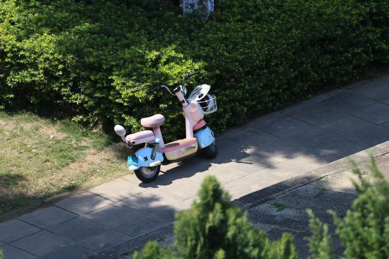 粉色小电驴停路边图片