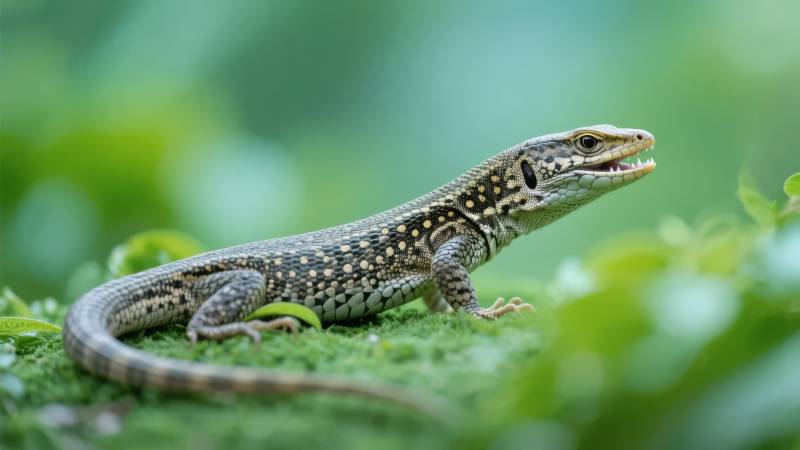 绿蜥蜴栖息草丛图片