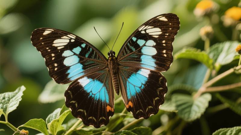 蓝斑蝶栖绿叶间图片