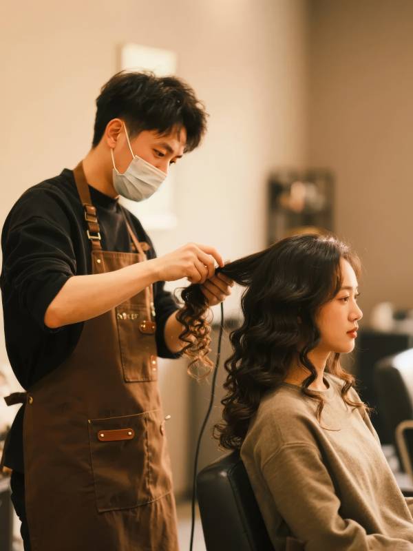 理发师精心卷发图片