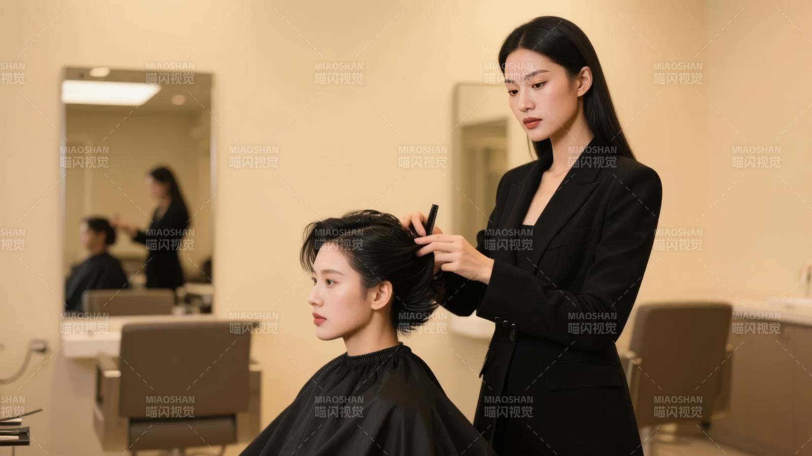 理发师为顾客造型图片