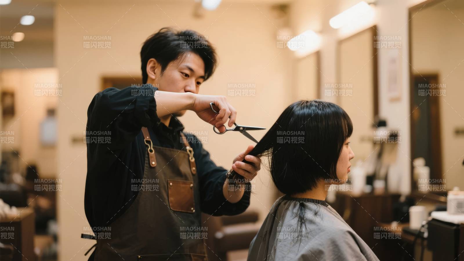 理发师专注剪发图片