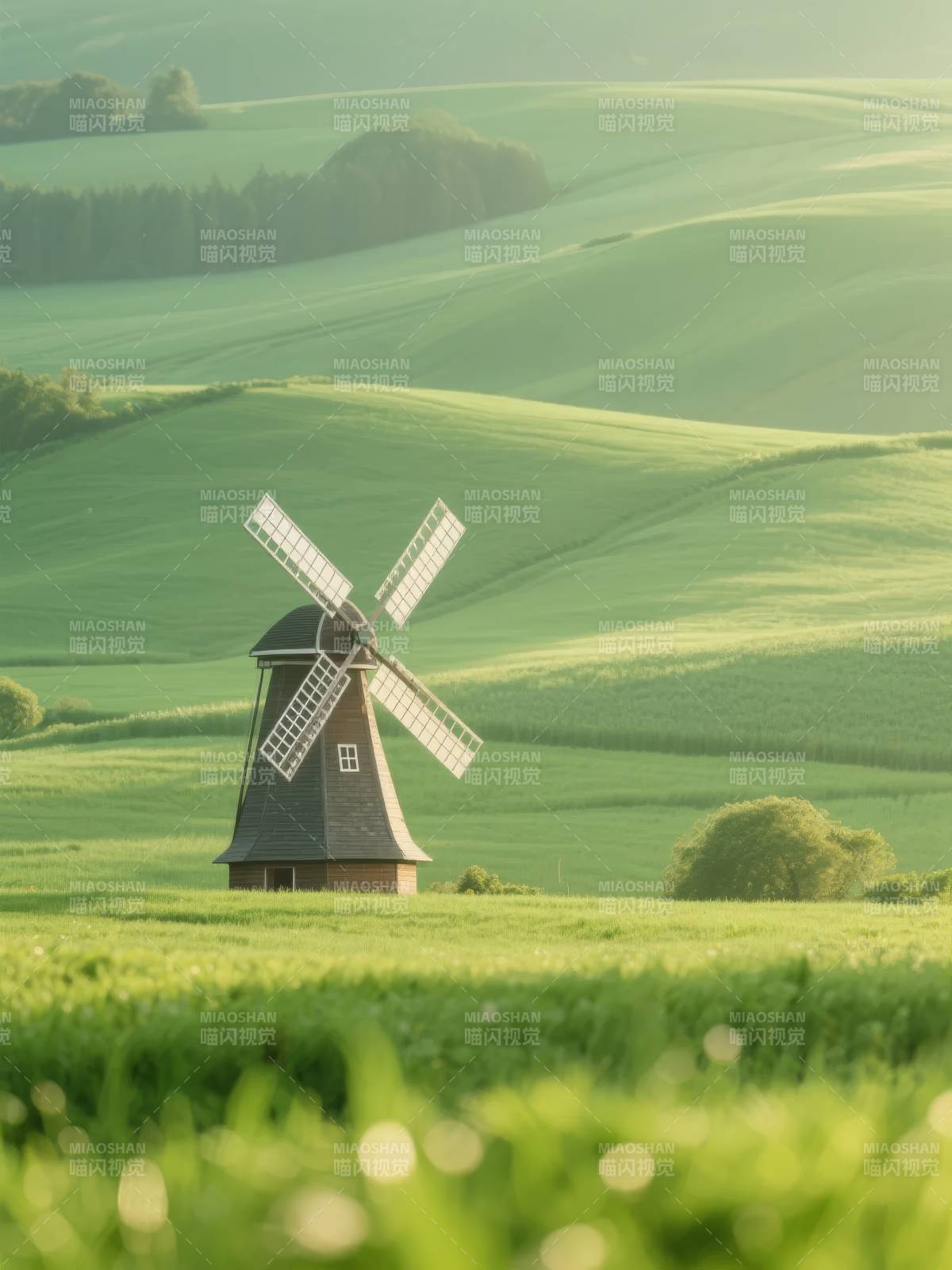 风车绿野晨光图片
