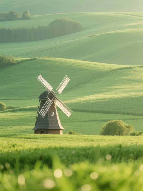 风车绿野晨光图片