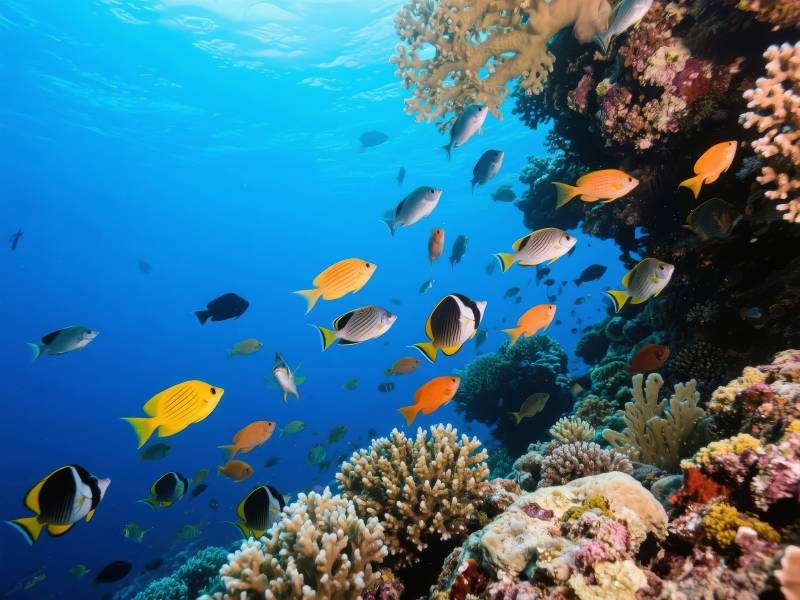 珊瑚礁鱼群游弋图片