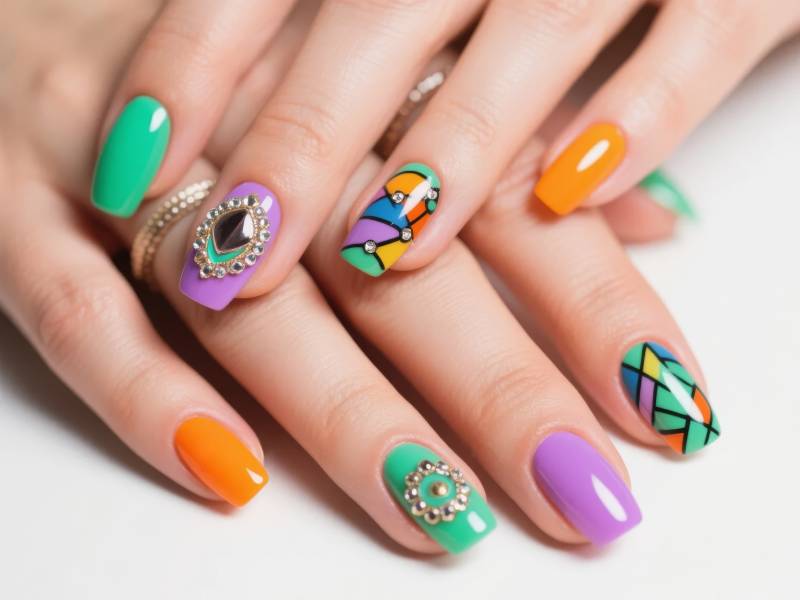 多彩几何美甲艺术图片