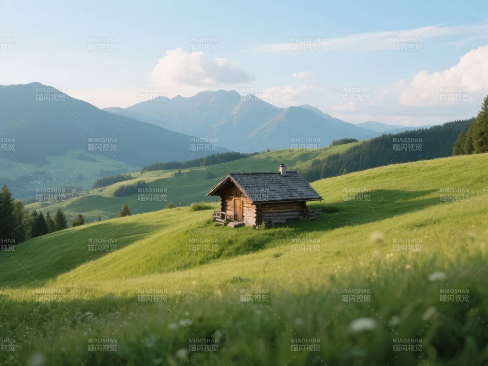 山间小屋 绿野风光图片