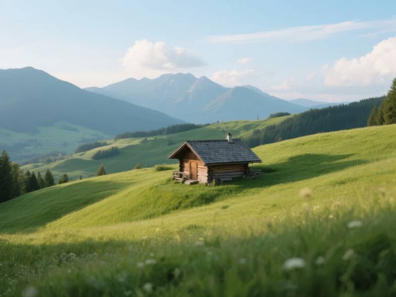 山间小屋 绿野风光图片